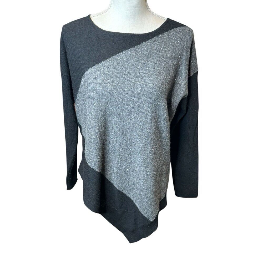 PLY Cashmere Black And Gray Color Block Handkerchief Hem Sweater Long Sleeve L